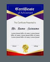 certificado de logro modelo conjunto con oro Insignia y borde, apreciación y logro certificado modelo diseño. elegante diploma certificado modelo vector