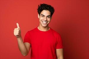 AI generated Portrait of cheerful man smiling and showing thumb up over red background photo