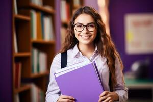 ai generado retrato de hermosa joven mujer con libros en aislado antecedentes generativo ai foto