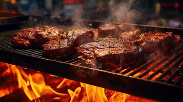 ai generado jugoso A la parrilla carne de vaca en el asado ai generativo foto