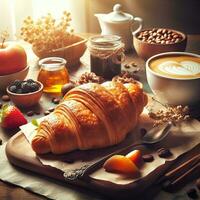 AI generated Breakfast croissant with a cup coffee with light exposure AI Generative photo