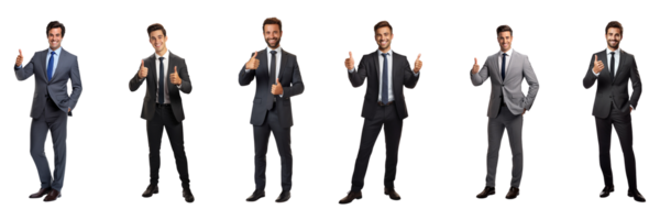 ai généré une ensemble de Hommes dans combinaisons, chaque avec une différent pose png