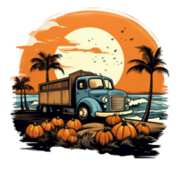 AI generated a truck with pumpkins on the beach and palm trees png