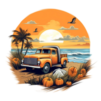 ai generato un arancia camion su il spiaggia con zucche e palma alberi png