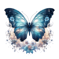 ai gerado azul borboleta com flores em transparente fundo png