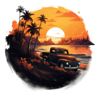 AI generated tropical sunset with a truck and palm trees png