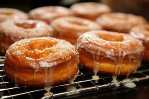 AI generated Donuts with sugar glaze on a baking sheet in a bakery, A dozen glazed donuts, warm from the fryer, AI Generated photo