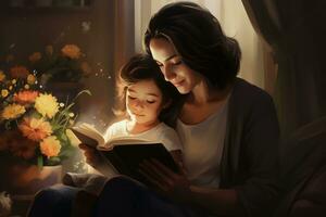 ai generado madre y hija leyendo libro juntos a hogar. contento familia concepto, un digital pintura de un madre leyendo un madres día tarjeta, ai generado foto