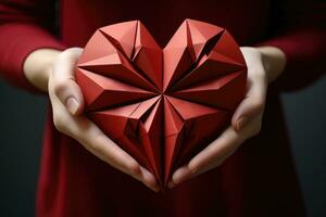 ai generado papel origami corazón en hembra manos. San Valentín día concepto, un delicadamente doblada origami corazón, ai generado foto