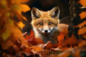 ai generado rojo zorro en otoño hojas, de cerca retrato, superficial profundidad de campo, un curioso zorro echar un vistazo fuera de un otoño bosque, ai generado foto