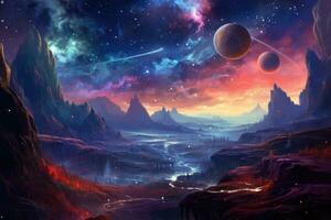 AI generated Fantasy alien planet. Mountain and nebula. 3D illustration, A dreamy galaxy scape with swirling stars and planets, AI Generated photo