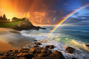 AI generated Rainbow over the Waikiki Beach, Honolulu, Oahu, Hawaii, A dreamy oceanside with a rainbow on the horizon after a storm, AI Generated photo