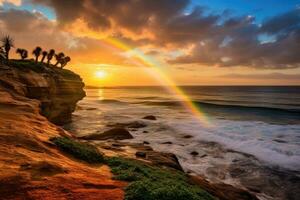 AI generated Sunset over the ocean in Laguna Beach, California, USA, A dreamy oceanside with a rainbow on the horizon after a storm, AI Generated photo