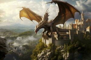 AI generated Dragon flying over the castle in the fog. 3D rendering, A dragon soaring over a medieval castle, AI Generated photo