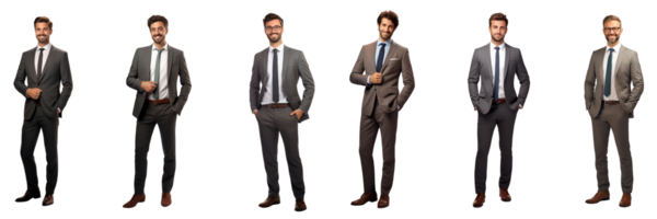 ai généré une ensemble de Hommes dans combinaisons, chaque avec une différent pose png