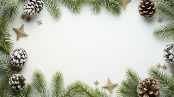 ai generado Navidad composición de abeto árbol ramas con adornos y regalos en blanco antecedentes foto