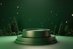 AI generated merry Christmas 3d rendered red Podium display for event photo