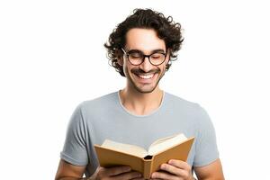 AI generated man reading book standing isolated on white background photo