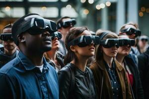 AI generated People gather outside Gucci fashion show building for Milan Women's Fashion Week in Milan, A crowd of people wearing augmented reality glasses, AI Generated photo