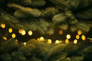 AI generated christmas fir tree branch with close up decorated by lights photo