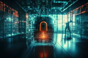 AI generated Cyber security concept with padlock on abstract background 3D rendering, Cybersecurity concept hologram alongside a picture on the background with a padlock, AI Generated photo