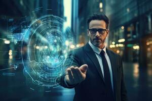 AI generated business, technology, internet and people concept - businessman with virtual screen over city street background, Cybersecurity concept with a businessman on a blurred background, 3D photo