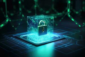 AI generated 3d rendering of digital padlock on the tablet. Cyber security concept, Cybersecurity concept hologram alongside a picture on the background with a padlock, AI Generated photo