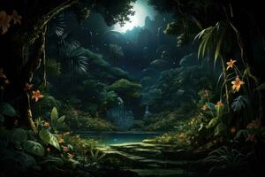 ai generado fantasía paisaje con magia bosque y lago - ilustración para niños, un denso tropical selva con exótico plantas y brillante luciérnagas, ai generado foto