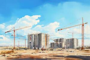 AI generated Construction site with cranes on blue sky background. 3d rendering, Construction site with cranes and a building against a blue sky, AI Generated photo