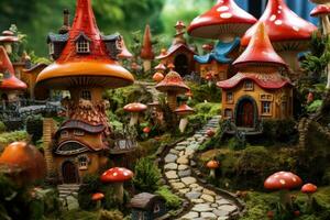 AI generated Mushroom garden with fairy tale houses and mushrooms. Selective focus, A delightfully eccentric gnome village set in a mushroom field, AI Generated photo