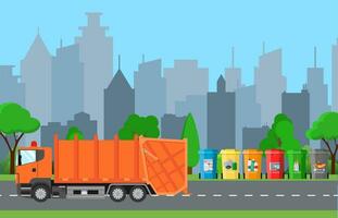 City waste recycling concept with garbage truck vector