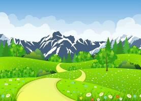 Summer landscape with meadows and mountains. vector