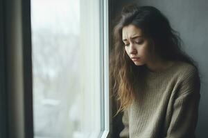 ai generado un Deprimido mujer sentado en un ventana generativo ai foto