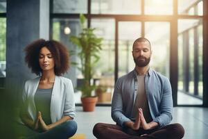 AI generated group of people making yoga exercises at studio photo