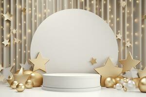 AI generated 3d rendered white and snowy Podium display for merry Christmas event photo