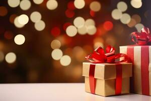 AI generated Christmas wooden table mockup with gifts, lights and bokeh background. Festive template banner with creative decoration and copy space. photo