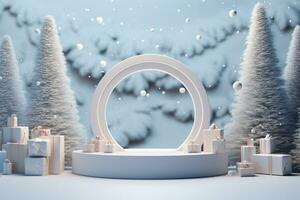AI generated merry Christmas 3d rendered red Podium display for event photo