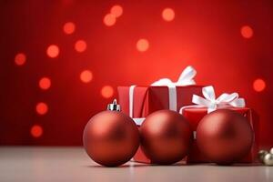 AI generated christmas gifts boxes on red background photo