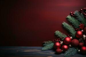 ai generado Navidad composición de ramas con adornos y regalos con Copiar espacio foto
