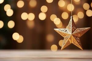 ai generado selectivo atención Disparo de estrella ornamento colgando en Navidad árbol foto