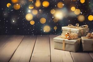 AI generated Christmas wooden table mockup with gifts, lights and bokeh background. Festive template banner with creative bauble decoration and copy space. photo