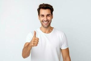 AI generated Portrait of cheerful man smiling and showing thumb up over white background photo