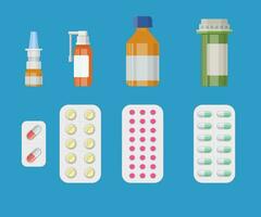 Set of medicine bottles with labels and pills. vector