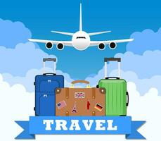 three Travel bag with clouds and plane vector