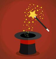 Magic hat and wand with sparkles, stars. vector