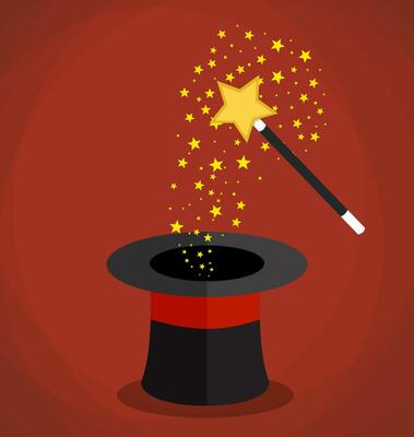 Magic hat and wand with sparkles, stars.