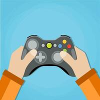 Hands holding wired old school gamepad. vector