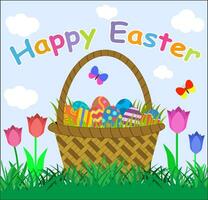 several colorful eggs and tulips in green grass vector