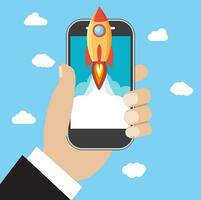 Hand holds smartphone with launch rocket. vector