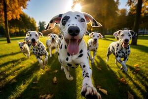 ai generado grupo de dálmata perros corriendo en el parque a atardecer, linda gracioso dálmata perros grupo corriendo y jugando en verde césped en el parque en otoño, ai generado foto